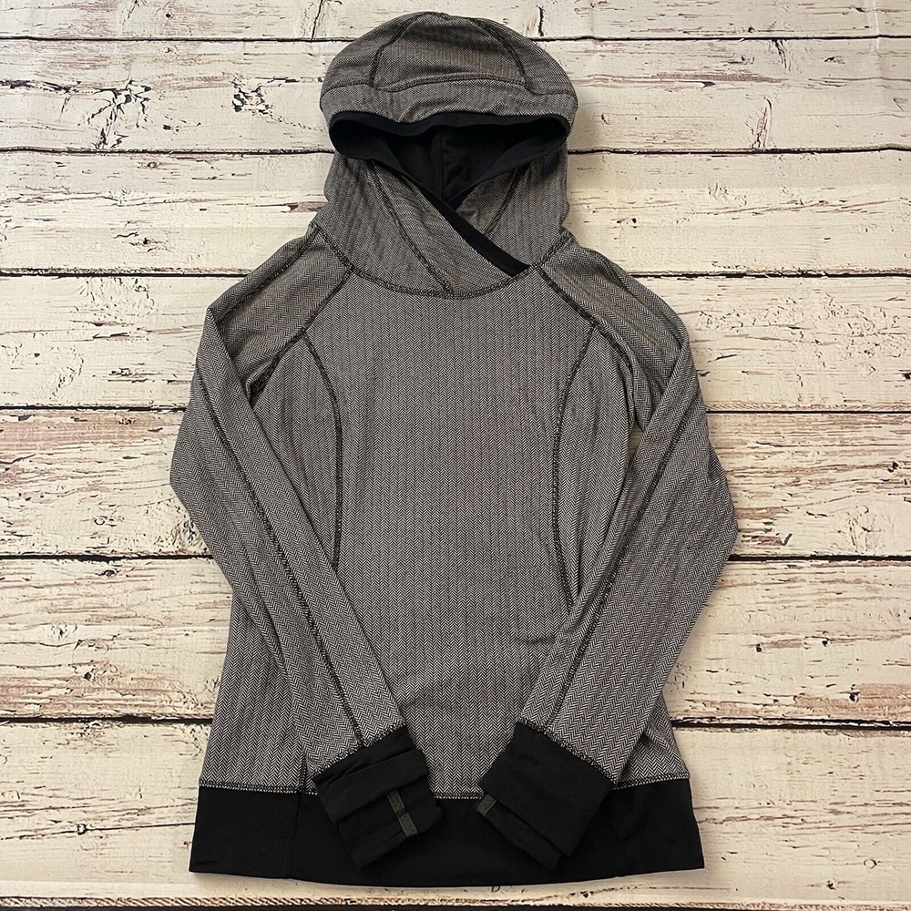 Lululemon All Good Hooded Pullover Women's Size 6 Black /Gray Herringbone